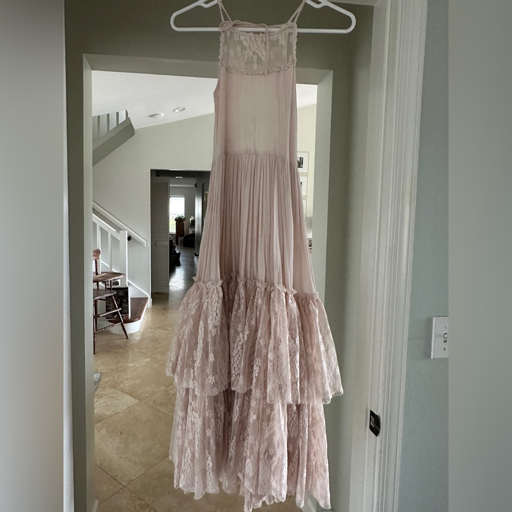 Romantic Blush Pink Lace Tiered Maxi Dress